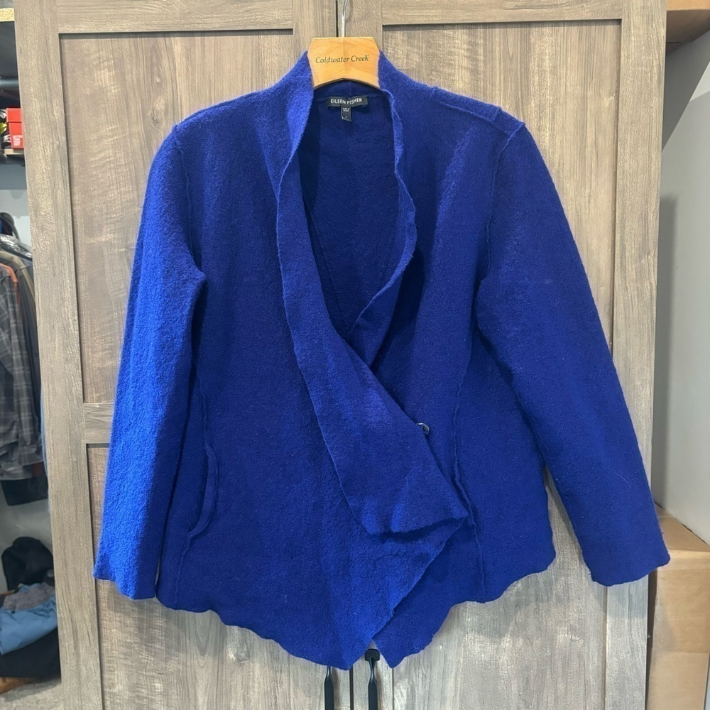 Eileen Fisher Large Boiled Merino‎ Wool Jacket Asymmetrical Snap pockets blue